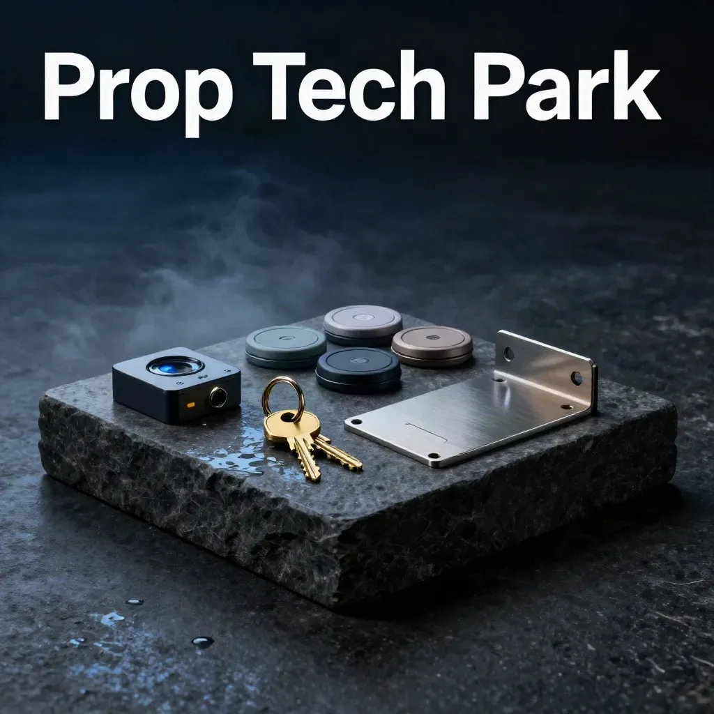 Brass key ring, smart-lock parts, fobs and sensor pucks on a dark stone plinth in moody blue-hour light.
