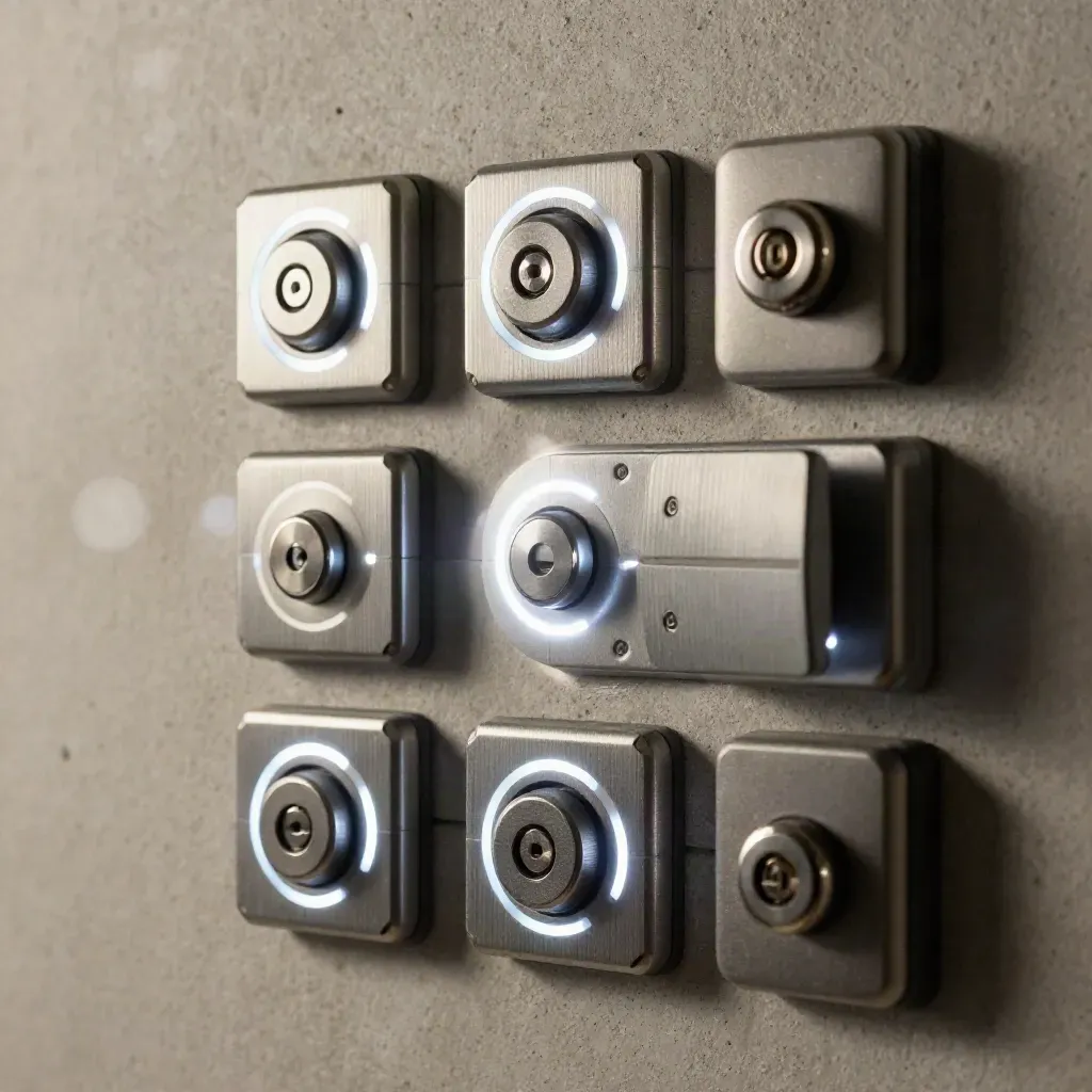 Overhead macro of keypad modules, fobs and lock cylinders on pale concrete.