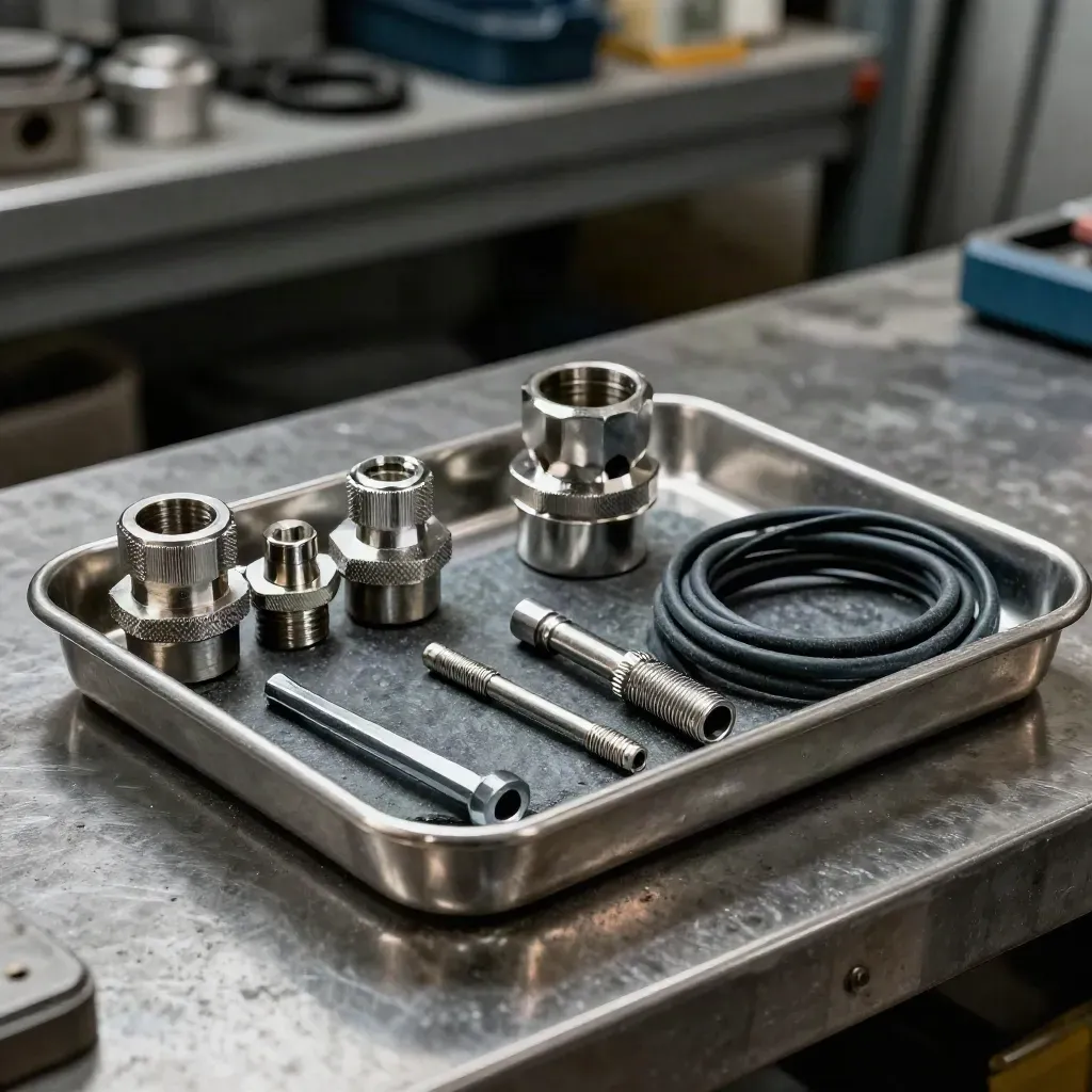 HVAC service parts and cable fittings arranged in a brushed steel tray, top-down macro.