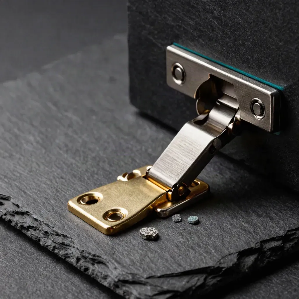 Brushed hinges, brass latch plates, and stone samples fanned on dark slate with teal sheen.