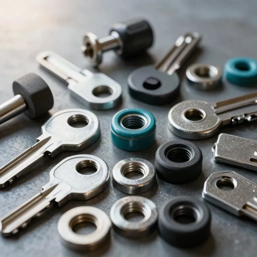Galvanized key tags, lock barrels, and rubber grommets on dark brushed metal, seen from above.