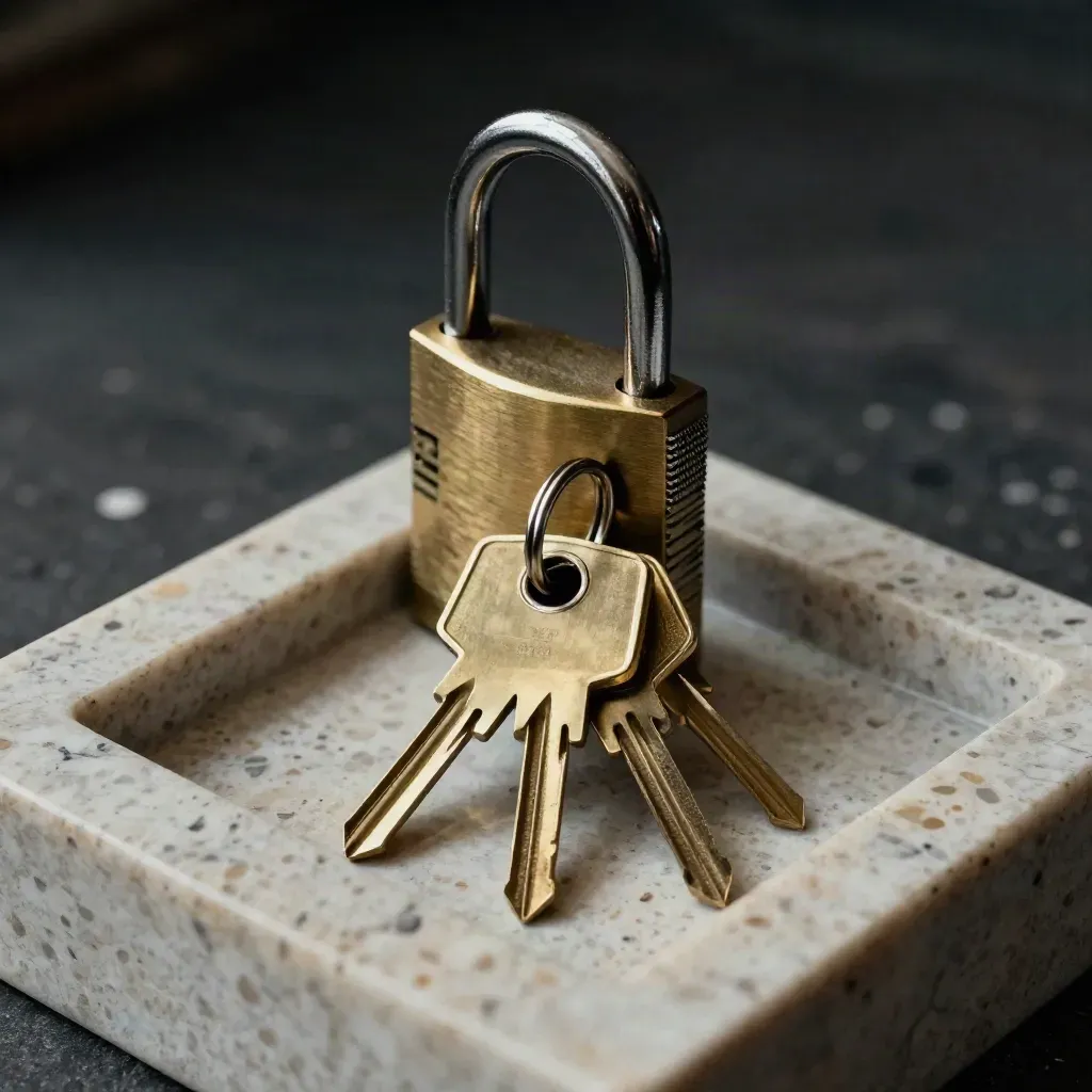 Brass keys, shackle, buzzer hardware and locker key in a travertine tray.
