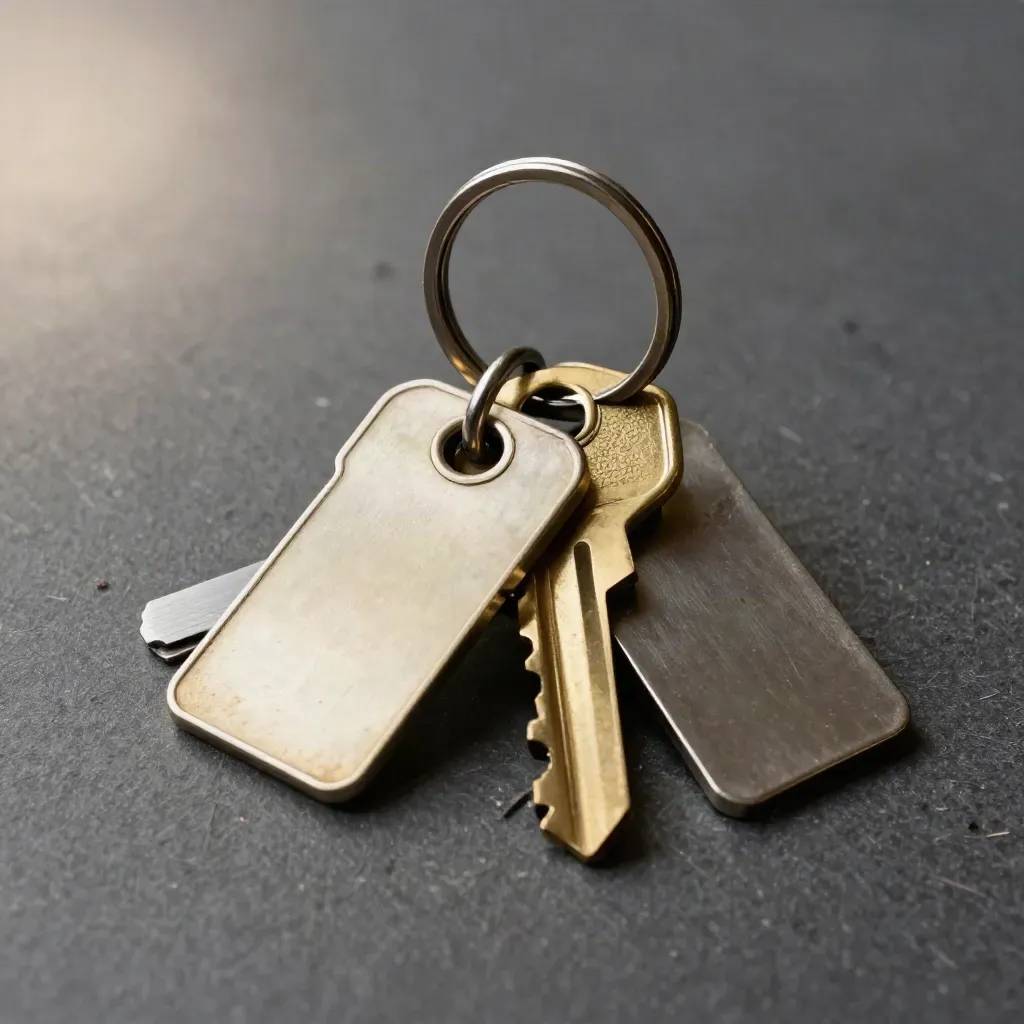 Brass key ring, blank tags, archive divider and metal tab on graphite surface