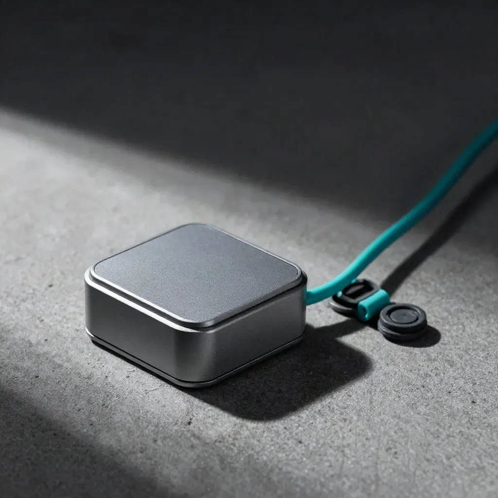 Occupancy sensor puck and gateway module on concrete, lit by a soft raking beam