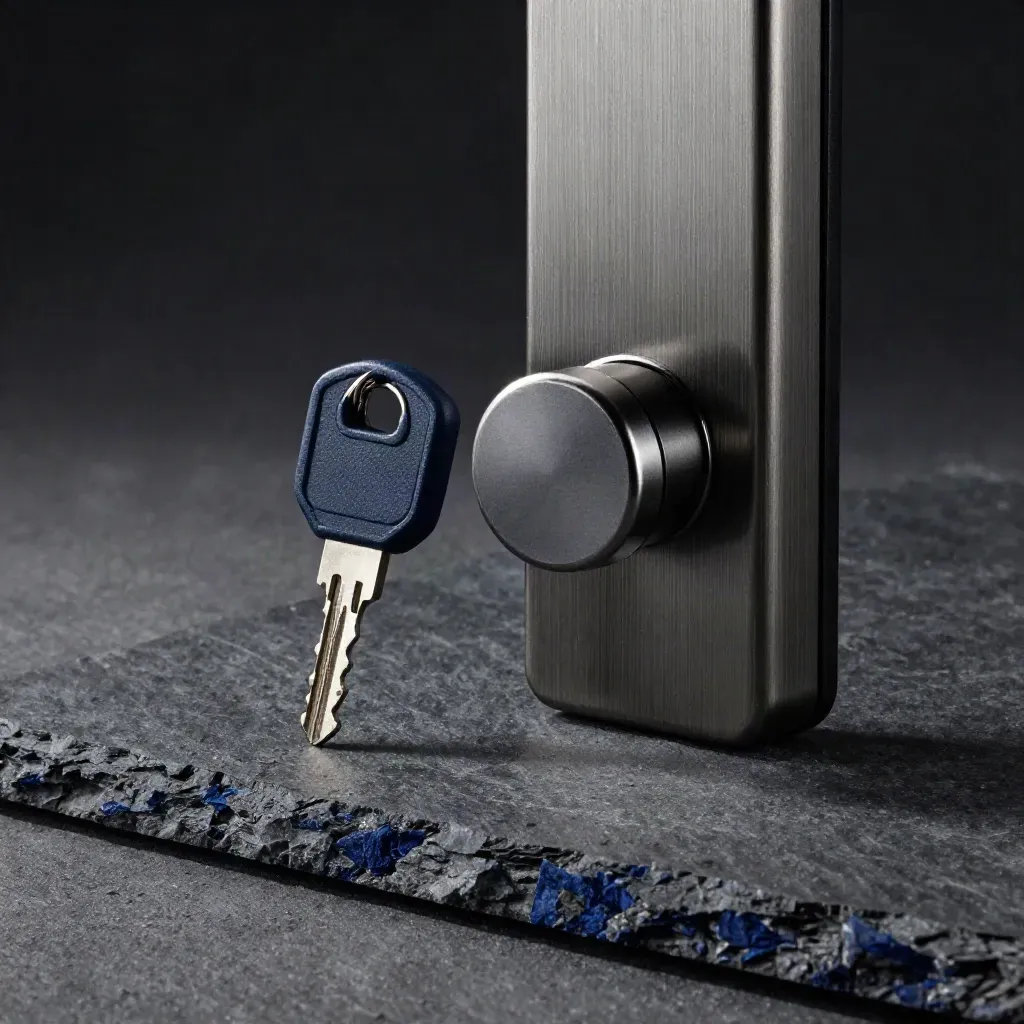Smart lock thumbturn, key fob and parcel locker key on charcoal stone in dramatic studio light.