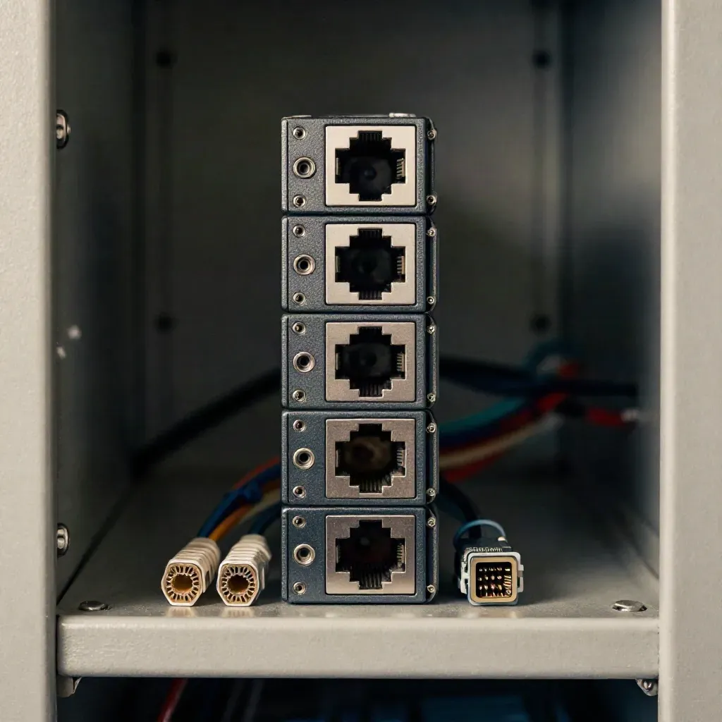 Extreme macro of relay modules and network patch plugs stacked in a dark utility cabinet.