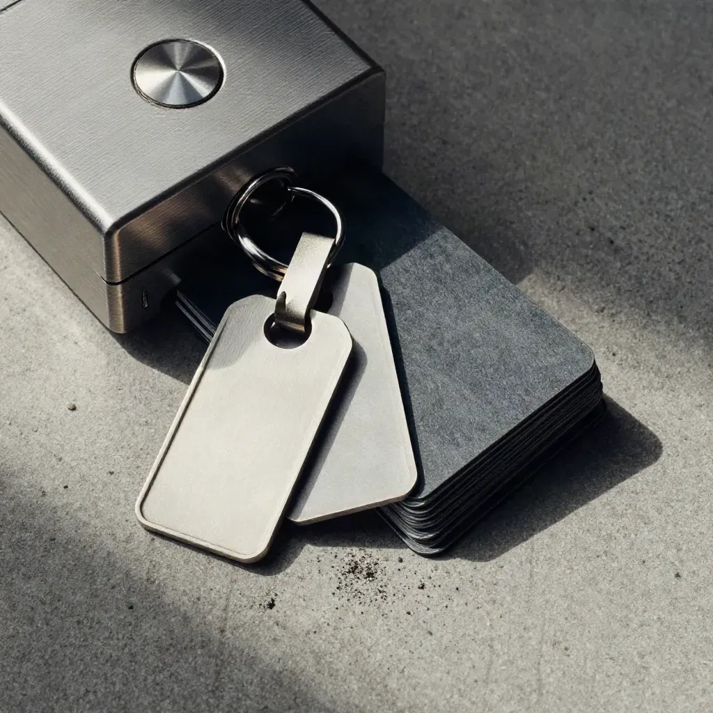 Macro flat lay of a lockbox dial, blank key tags, and card sleeves on dusty concrete.