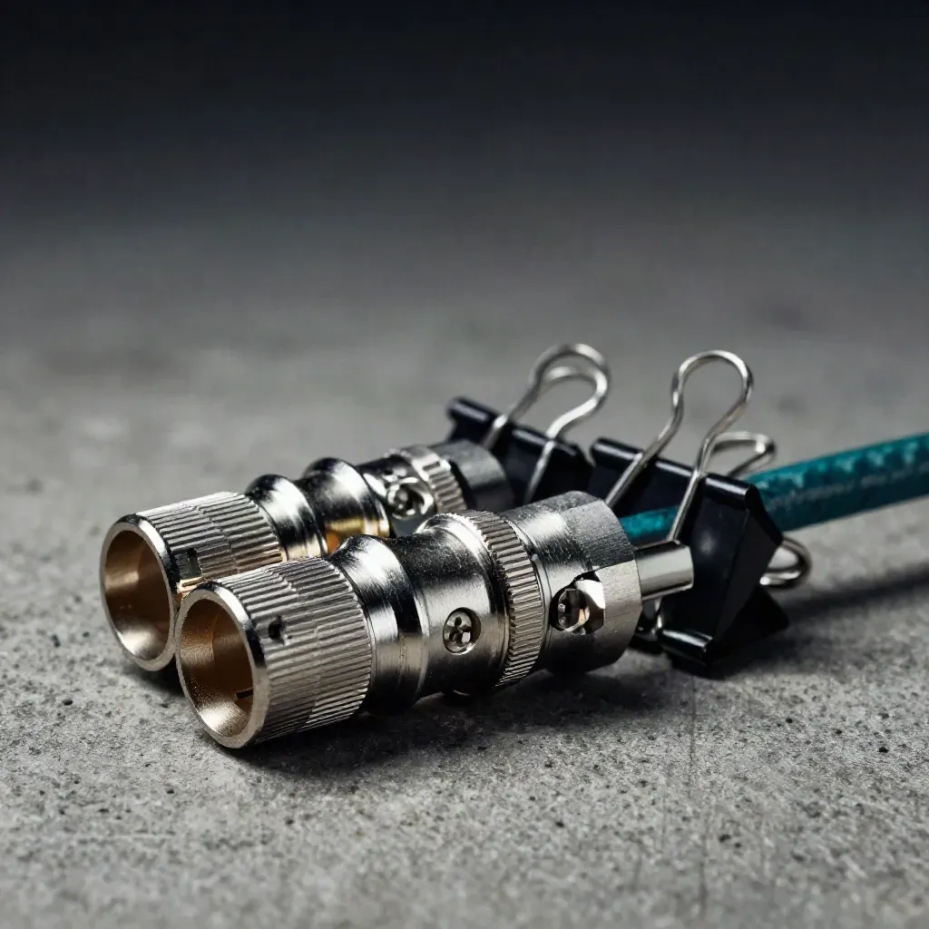 Steel cable couplers and binder clips on concrete, lit low with subtle teal accent.