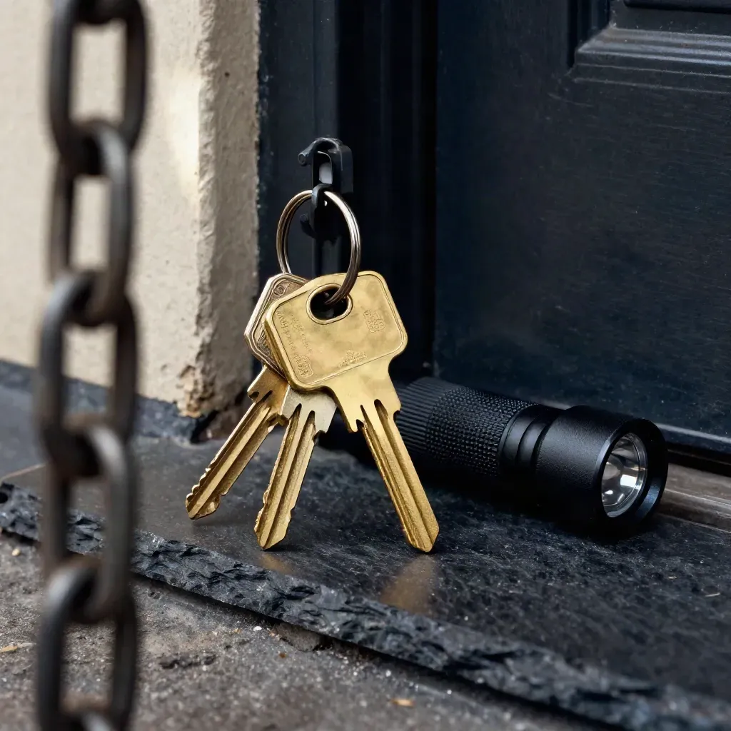 Brass keys, flashlight, lock cylinder and blurred door chain in a macro landlord still life.