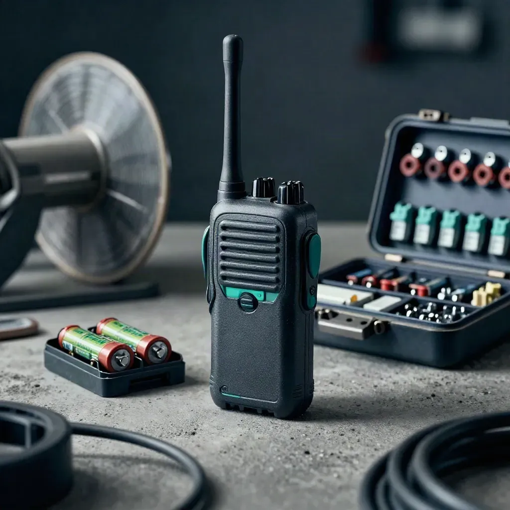 Utility radio, spare batteries, and parts case behind a blurred cable spool in a dim workshop.