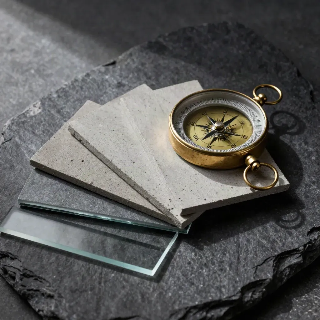 Top-down brass compass, concrete and glass samples, and a property key on charcoal stone.