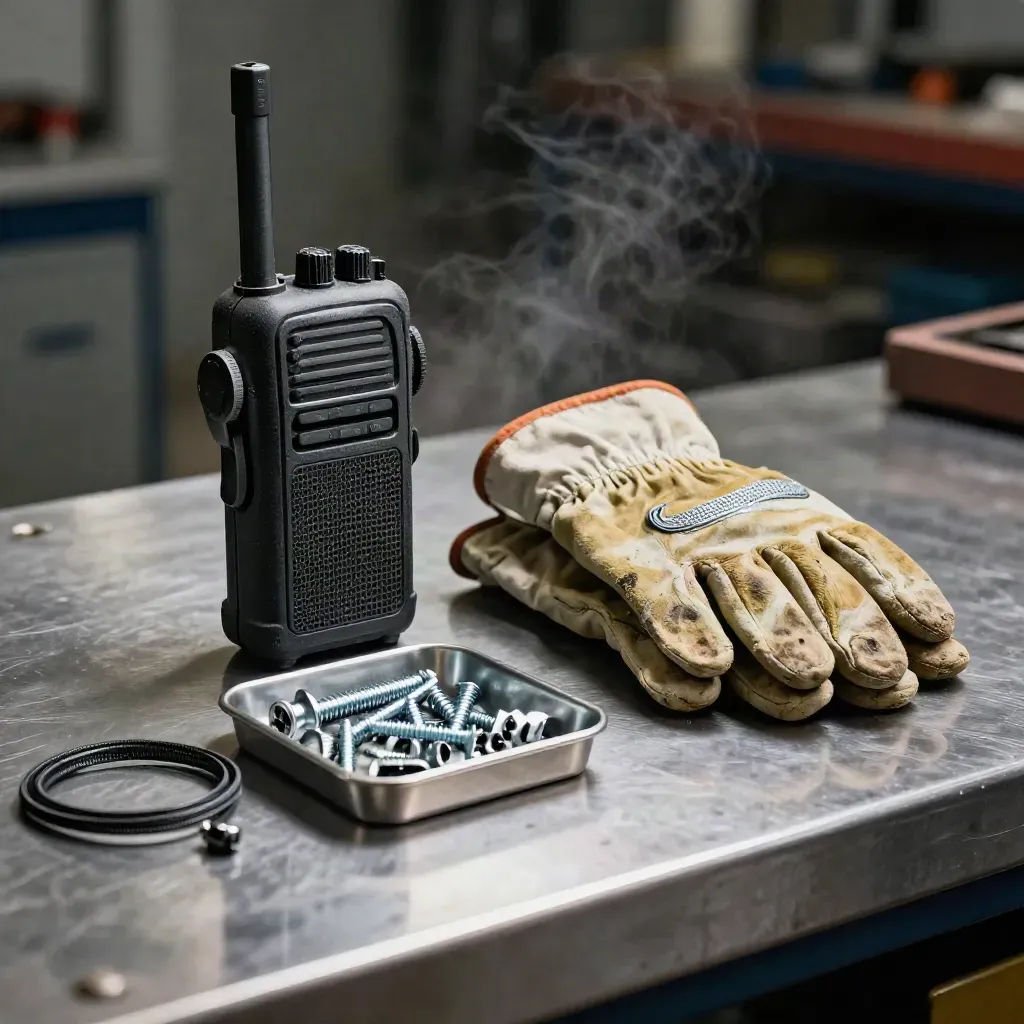Maintenance tools on brushed steel: radio, folded gloves and hardware tray in soft workshop light.