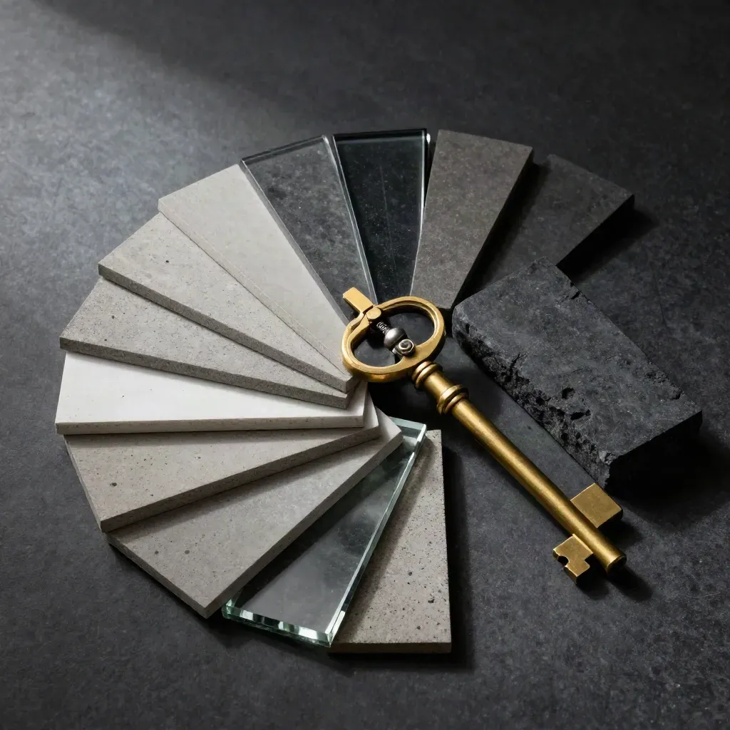 Overhead still life of a brass compass, sample chips, and a key on dark stone