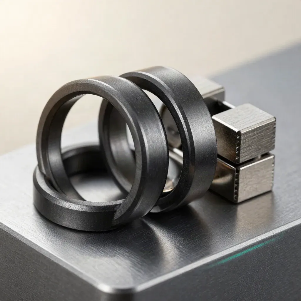 Macro still life of graphite rings, cable coupler, and modular blocks on matte metal.