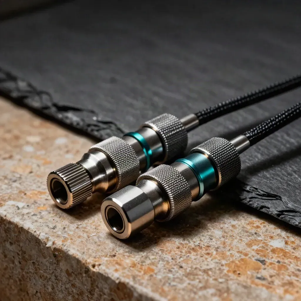 Graphite connector plates and braided cable on stone with a subtle teal accent.