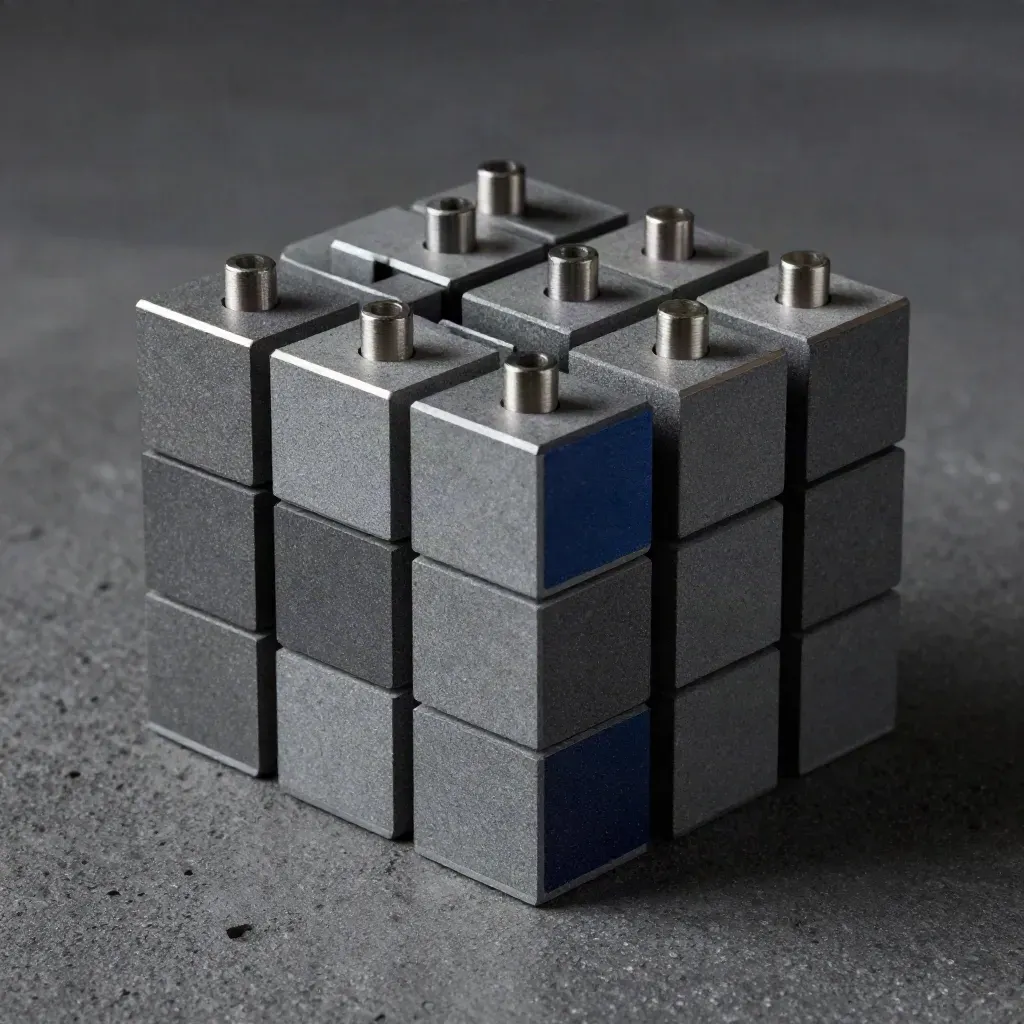 Top-down modular graphite blocks with metal pins on dark concrete, arranged in a neat grid.