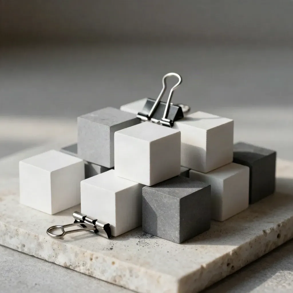 White and graphite modular cubes with metal clips on pale stone, lit by soft side daylight.